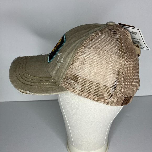 C.C. Pony Caps Women's Ponytail Hat Sunflower Patch Distresssed Style New - Picture 7 of 10